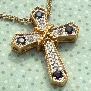 Gold and Silver Cross Pendant Necklace blue&diamond coloured stones costume
